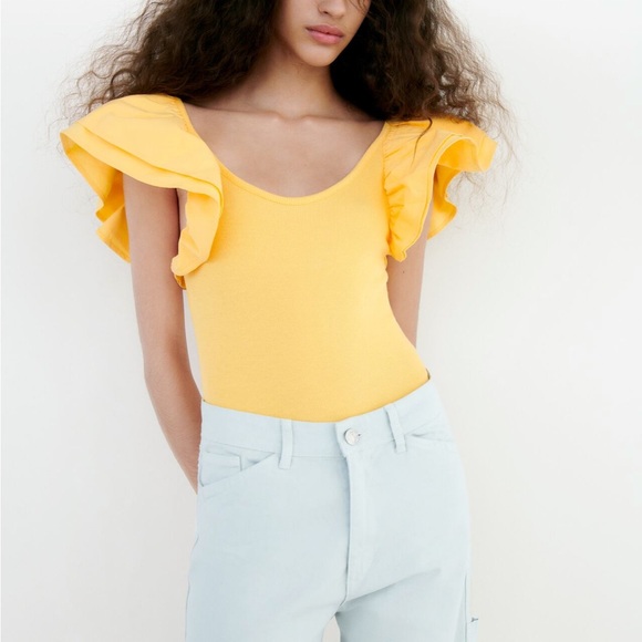 Zara NWOT yellow ruffle sleeves bodysuit top, stretchy - Picture 4 of 10